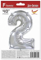 Шар (40''/102 см) Цифра, 2, Серебро, 1 шт. в уп.