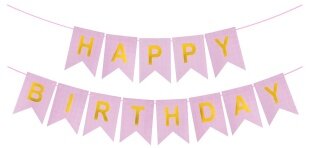 Гирлянда Флажки, Happy Birthday (фактура точки), Розовый/Золото, Металлик, 500 см, 16*12 см, 1 упак.