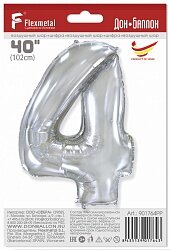 Шар (40''/102 см) Цифра, 4, Серебро, 1 шт. в уп.