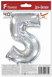 Шар (40''/102 см) Цифра, 5, Серебро, 1 шт. в уп.