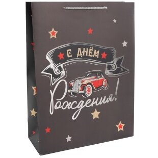Пакет подарочный, 210гр, С Днем Рождения! (ретро-авто), Металлик, 32*26*12 см, 1 шт.