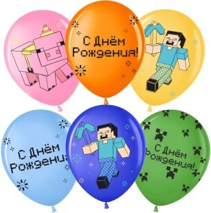 Шар (12''/30 см) С Днем Рождения! Пиксельный Герой, Ассорти, пастель, 2 ст, 25 шт.