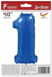 Шар (40''/102 см) Цифра, 1, Синий, 1 шт. в уп.