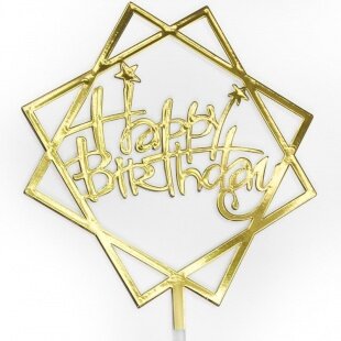 Топпер, Happy Birthday (звезды и грани), Золото, 11*15 см, 1 шт.
