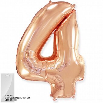 Шар (40''/102 см) Цифра, 4, Розовое Золото, 1 шт. в уп.