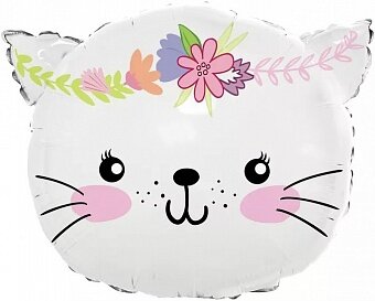 Шар (23''/58 см) Фигура, Котенок в цветах, Белый, 1 шт.