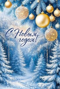 Открытка, С Новым Годом! (лес и золотые шарики), 12,2*18,2 см, 1 шт.к