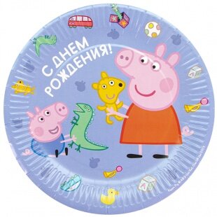 Тарелки (9''/23 см) Свинка Пеппа, С Днем Рождения!, Голубой, 6 шт.