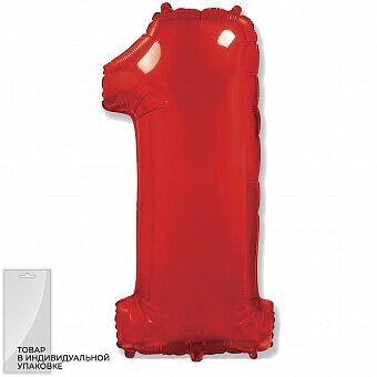 Шар (40''/102 см) Цифра, 1, Красный, 1 шт. в уп.