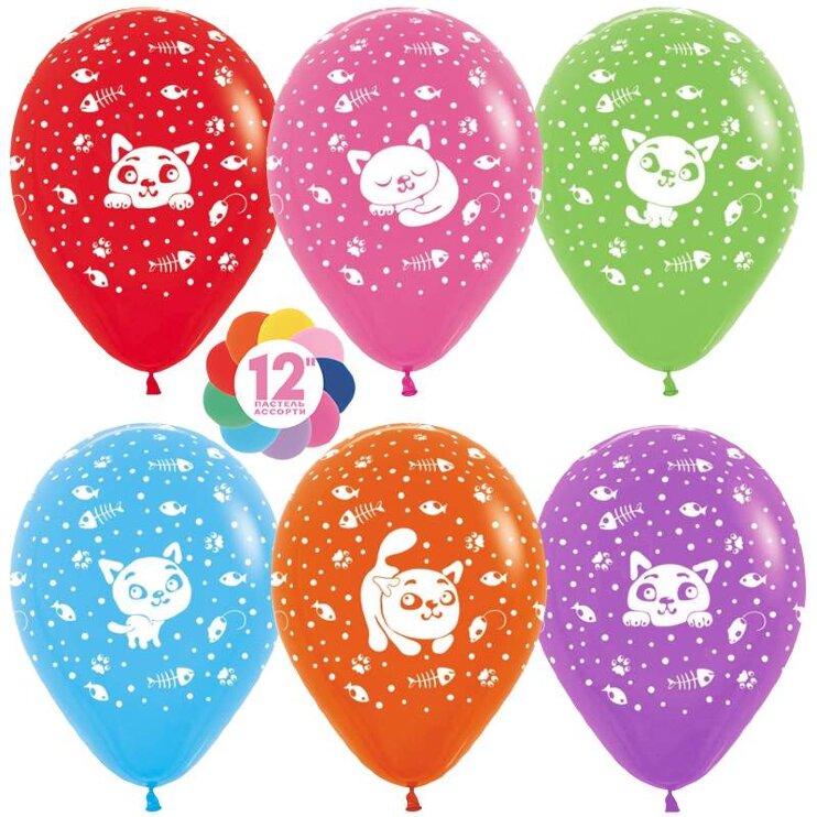 Шар (12''/30 см) Котята, Ассорти, пастель, 5 ст, 50 шт.