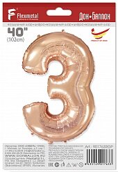 Шар (40''/102 см) Цифра, 3, Розовое Золото, 1 шт. в уп.