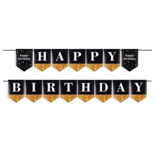 Гирлянда Флажки, Happy Birthday, Черный/Золото, 250 см, 1 упак.