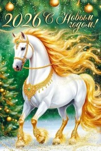 Открытка, С Новым Годом! (конь с золотой гривой), 12,2*18,2 см, 1 шт.к