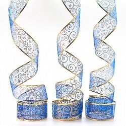 Лента декоративная (6 см*2,74 м) Ассорти дизайнов, Органза, Синий, 1 шт.