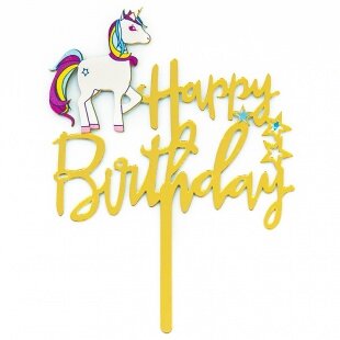 Топпер, Happy Birthday (звездный единорог), Золото, Металлик, 1 шт.